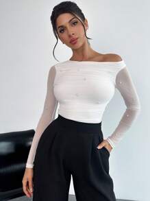 Firerie Áo thun dài tay họa tiết ngọc trai bất đối xứng thanh lịch dành cho nữ, Thu/Đông - trắng - Xem 4