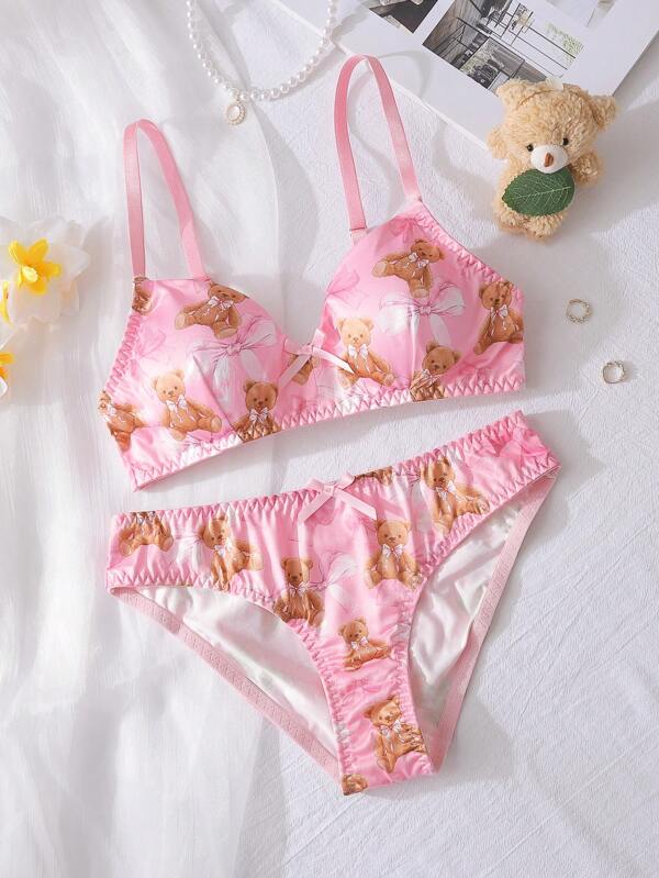 Lencería para adolescentes con estampado de oso lindo y decoración de lazo