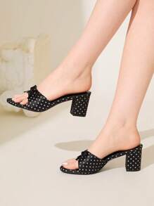 CUCCOO CHICEST Women's Vintage Bow Dot Print Round Toe Block Heel Classic Elegant Cute Charming Black Satin High Heel Sandals, Suitable For Spring/Summer, Afternoon Tea, Date, Valentine's Day - Black and White - View 8