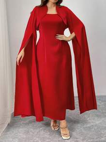 Flirla 大码优雅纯色长款晚礼服两件套，高端披肩长袖夹克和及地抹胸连衣裙