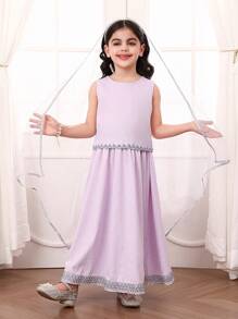 SHEIN Young Girls Sets: Sleeveless Purple Crop Top With Silver Print, Loose Long Dress With Silver Vertical Stripe, Purple Mesh Shawl. Suitable For Ramadan, Family Gathering, Outing,