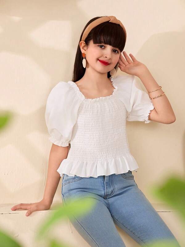 Tween Girls Tricou alb cu mânecă scurtă cu mâneci bufante, cu talie strânsă, țesătură cu gât pătrat, potrivit pentru școală, ieșire, vacanță, primăvară/vară, potrivit și pentru Ramadan Ramadan Abaya