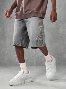 SUMWON Designer Embroidered Cross Patch Denim Shorts Streetwear Distressed Straight Fit Urban Casual Summer Skateboarding Baggy Shorts Vintage Style Mid Thigh Comfort Bottom