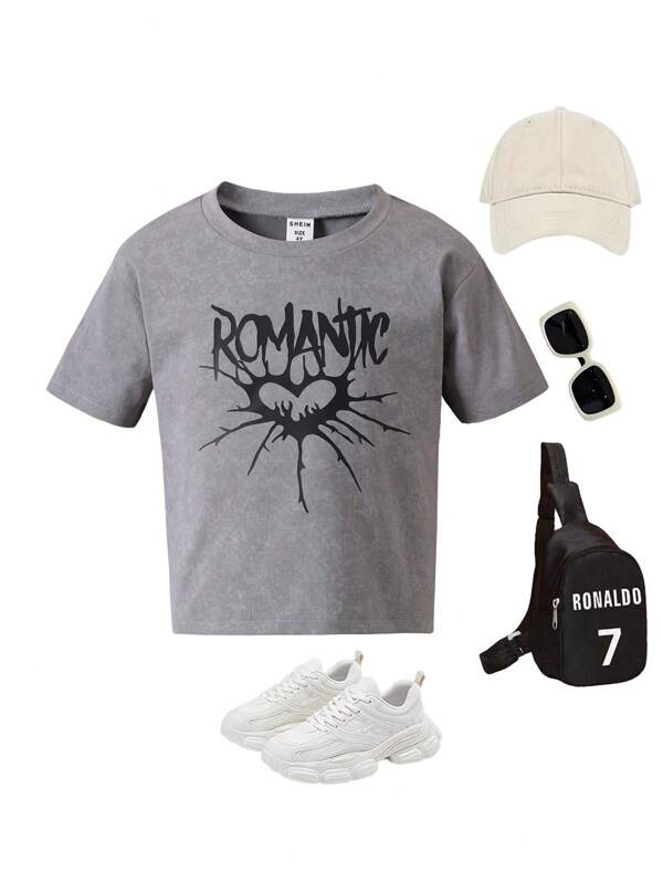 Young Boy Crew Neck Short Sleeve Simple Casual Top, Daily Wear