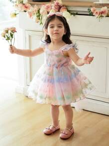 SHEIN Baby Girls Pink Summer Cute Birthday Partywear,3D Butterfly Netting Flutter Sleeve Mesh Dress With Bowknot Decoration & Matching Bow Hairband - Pink - View 9