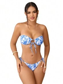 SHEIN Swim 女士花卉印花掛脖比基尼套裝 - 藍白色 - 查看 3
