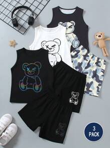 SHEIN 3pcs/Set Cute Bear Print Young Boys 2 Pieces Sets: Featuring Different Printing Techniques, These Sets Combine Childlike Charm And Fashion, Providing A Unique Wearing Experience For Young Boys.