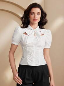 Chiquease Women's Slim Fit Bowknot Wrap Waist Blouse - White - View 5