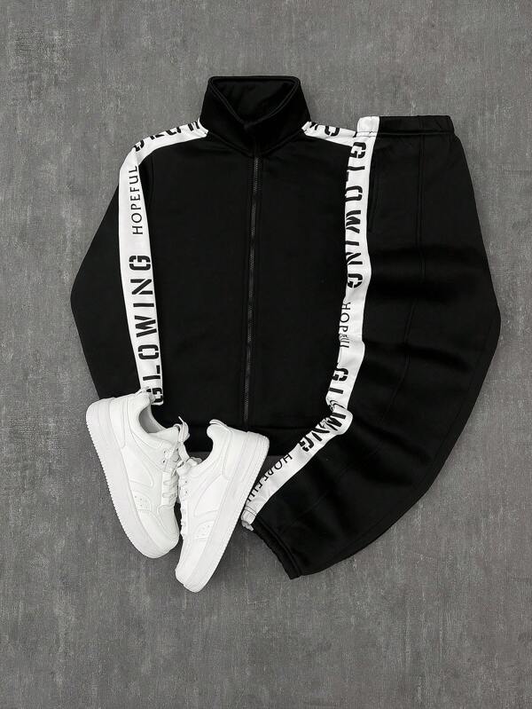 SHEIN 2 Stücke Set für Tween-Jungen, Sweatshirt mit kontrastierendem Buchstabenmuster, Stehkragen und Jogginghose mit Bündchen