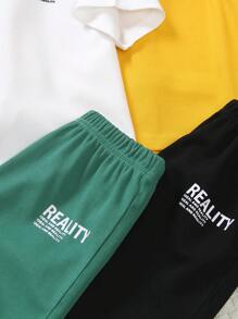 SHEIN 6 pièces Ensemble mode été pour jeunes garçons - Comprend des t-shirts à manches courtes imprimés graphiques avec texture gaufré en couleurs assorties et des shorts avec taille élastique confortables. Convient pour le casual, l'école et les tenues de sport en été