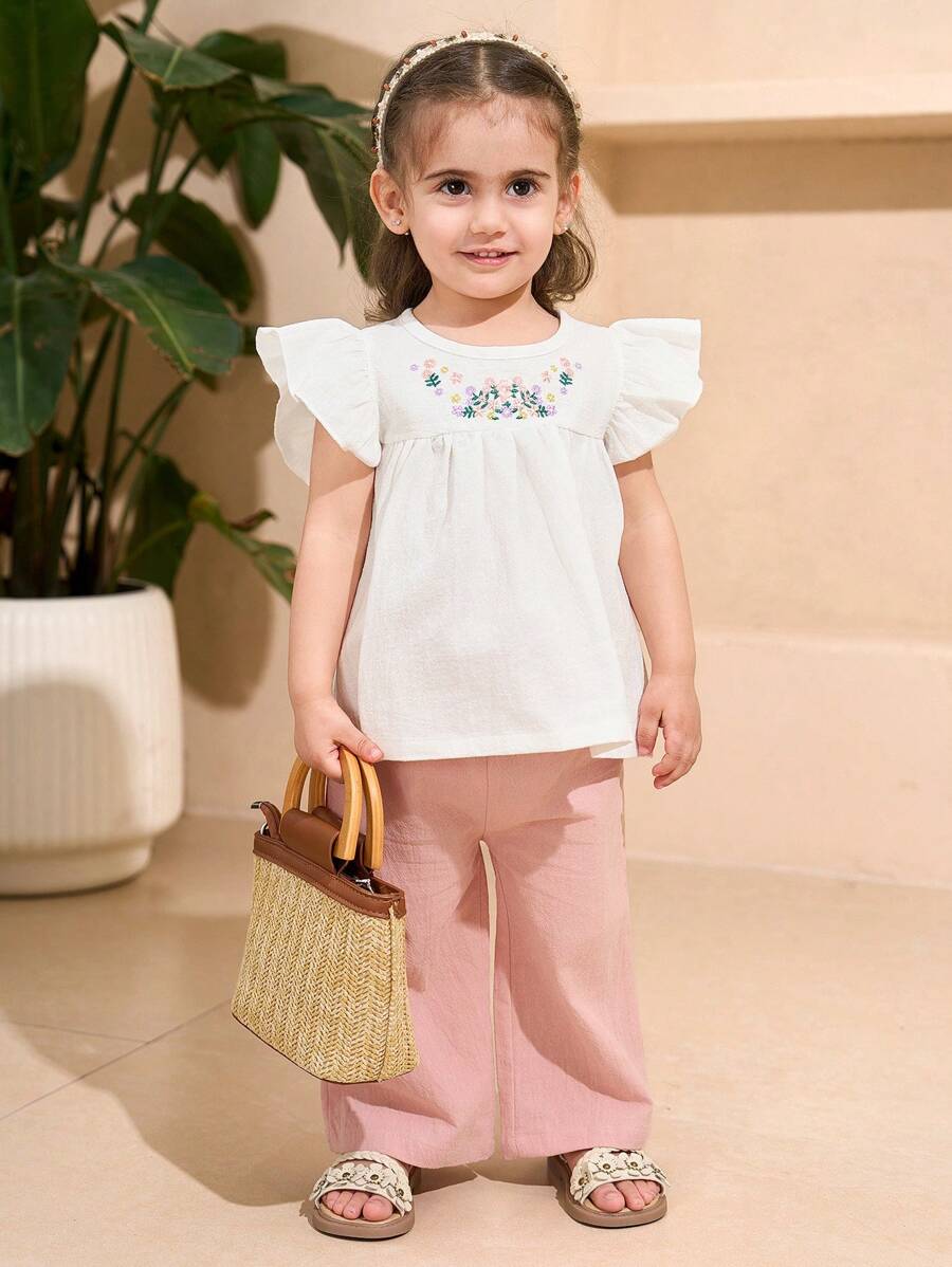 Baby Girls 2 Pieces Set:Cute White Chiffon Blouse,Ruffle Cap Sleeves Embroidered Floral Design&Pink Straight-Leg Pants,Summer Vacation Holiday Outfit - Multicolor - View 1