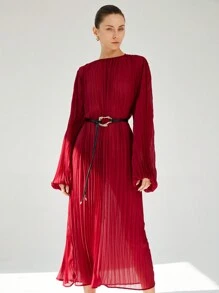 SHEIN Privé Elegant European Style Chiffon Long Sleeve Pleated Dress For Women Fall Cloth For Women - Burgundy - View 1