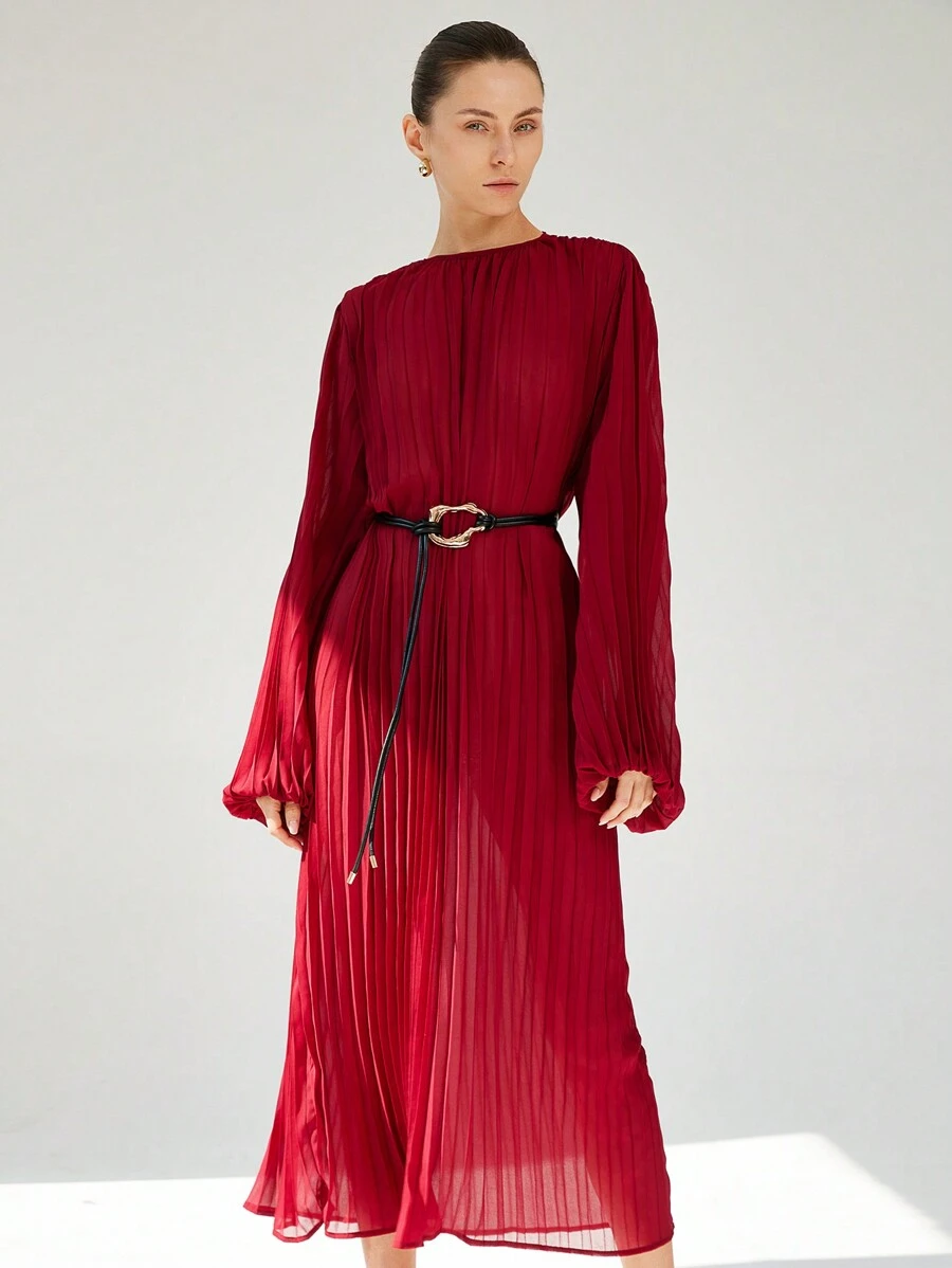 SHEIN Privé Elegant European Style Chiffon Long Sleeve Pleated Dress For Women Fall Cloth For Women - Burgundy - View 1