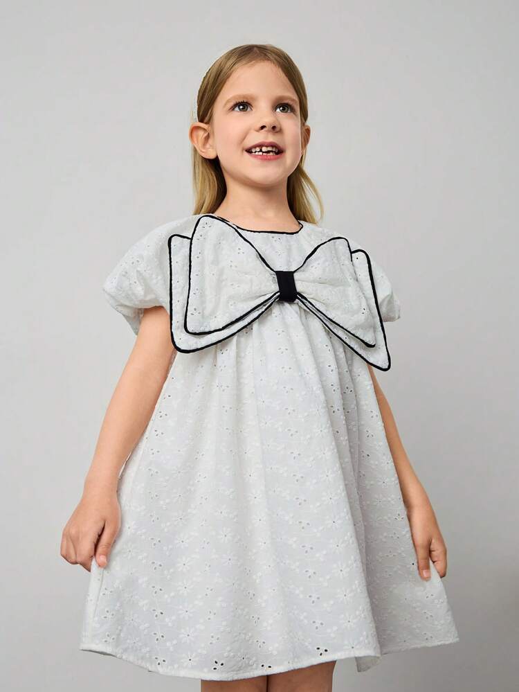Young Girls Loose Casual Puff Sleeve Bowknot Decor Dress