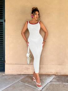 Zolique Hot Girl Low Back Tie-Up Color Block Dress, Hollow Out Knit Bodycon Dress - White - View 2
