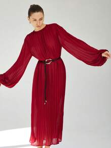 SHEIN Privé Elegant European Style Chiffon Long Sleeve Pleated Dress For Women Fall Cloth For Women - Burgundy - View 6