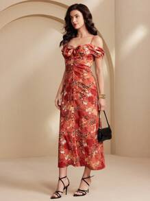 Calvaya Abito elegante da donna con spalle scoperte e stampa sul collo
