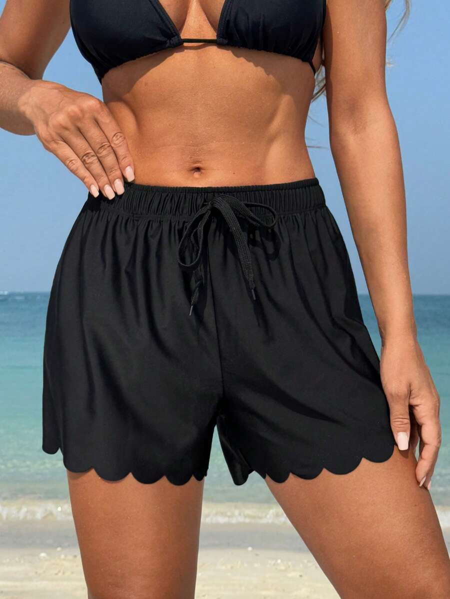 Swim Lushoire Women's Solid Color Drawstring Waist Shell Trim Beach Shorts, For Summer Vacation