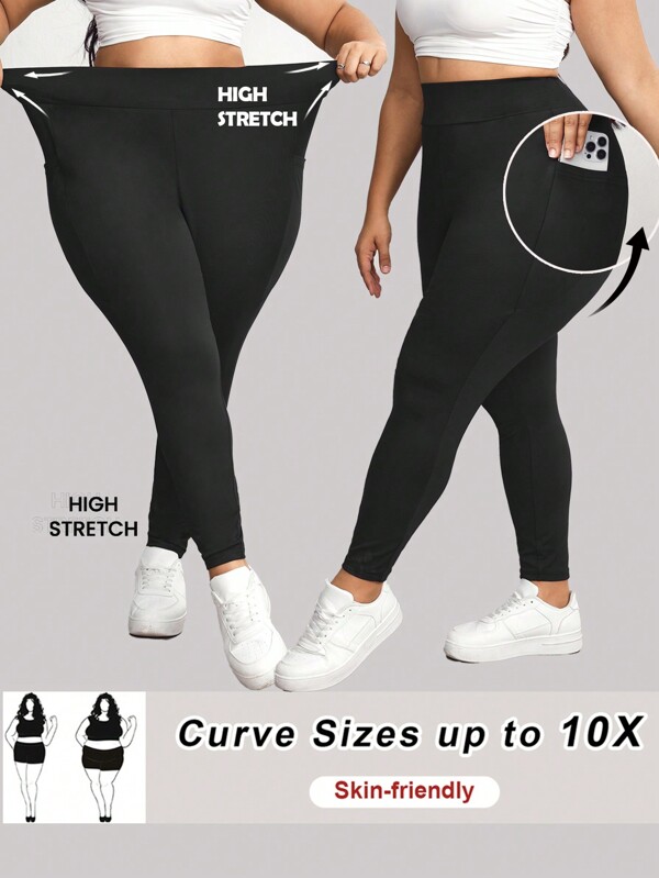 SHEIN CURVE+ Buzunare laterale Extra Plus Size Yoga Sport Leggings Stretchy Slim, Tesatura Respirabila, Vara