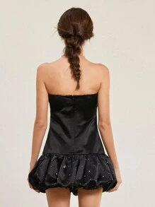 Aveloria Rosie 黑色新年派对迷你连衣裙，紧身胸衣收腰缎面面料浪漫低腰拼接泡泡钻，女士短款鸡尾酒礼服 - 黑色 - 查看 2