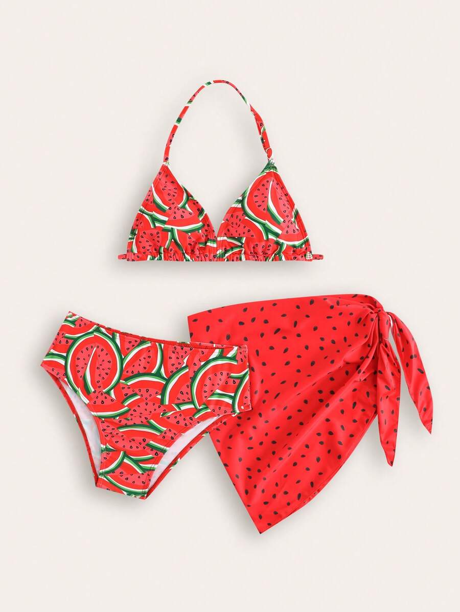 New Design Fashion Tween Girl Full Print 3pcs Swimwear Set - Multicolor - View 1