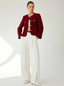 Aveloria Modichic Elegant French Tweed Round Neck Metal Button Front Pocket Peplum Women Short Sleeve Jacket