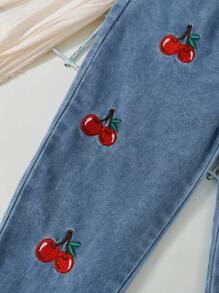 SHEIN Genkimix Kids 2pcs/Set Young Girl Casual School Look White Blouse With Cherry Embroidery Flare Sleeves & Blue Straight Leg Jeans Pants, Spring/Summer New Arrival Summer Holiday - Red - View 8