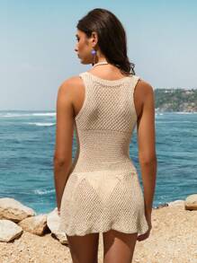 SHEIN Swim 女士纯色镂空针织迷你罩衫连衣裙，适合夏季海滩度假