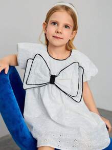 Maija Kids Maija Kids Young Girls Loose Casual Puff Sleeve Bowknot Decor Dress - White - View 3