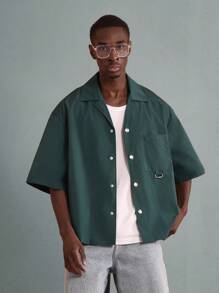 SUMWON Modern Streetwear Statement Boxy Button-Up Shirt With Lifestyle Message Print Oversized Casual Short Sleeve Contemporary Urban Fashion Summer Fall