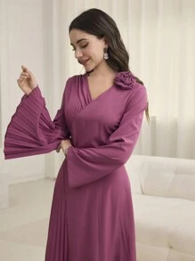 Modelyn Women's V-Neck Pleated Patchwork A-Line Dress, Elegant Style Suitable For Spring & Summer