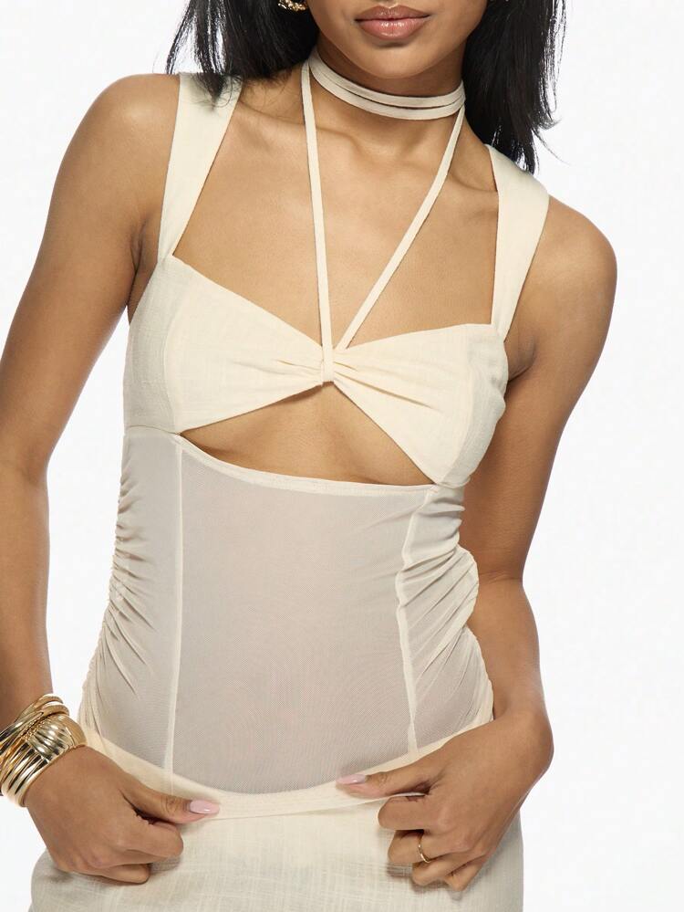 MISSGUIDED Luxury Linen Blend Ruched Cut-Out Tank Top Camisole With Tie Detail Summer Beach Resort Wear Elegant Evening Party Wear Versatile Casual To Dressy Top