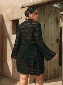 SHEIN Swim Curve Quimono de Praia de Tricô Elegante Preto com Mangas Longas Amplas, Botões e Recorte, Plus Size, Para Férias de Verão - Preto - Visão 2