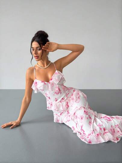 Firerie Women's Floral Print Ruffled Strap Dress, Asymmetric Ruffle Dress, Long Spaghetti Strap Dress, Pink Floral Dress, Suitable For Valentine's Day, Music Concerts, Performances, Dates, Parties, Weddings, Sexy, Elegant, Commute, Back To School, Vacation, Beach, Romantic