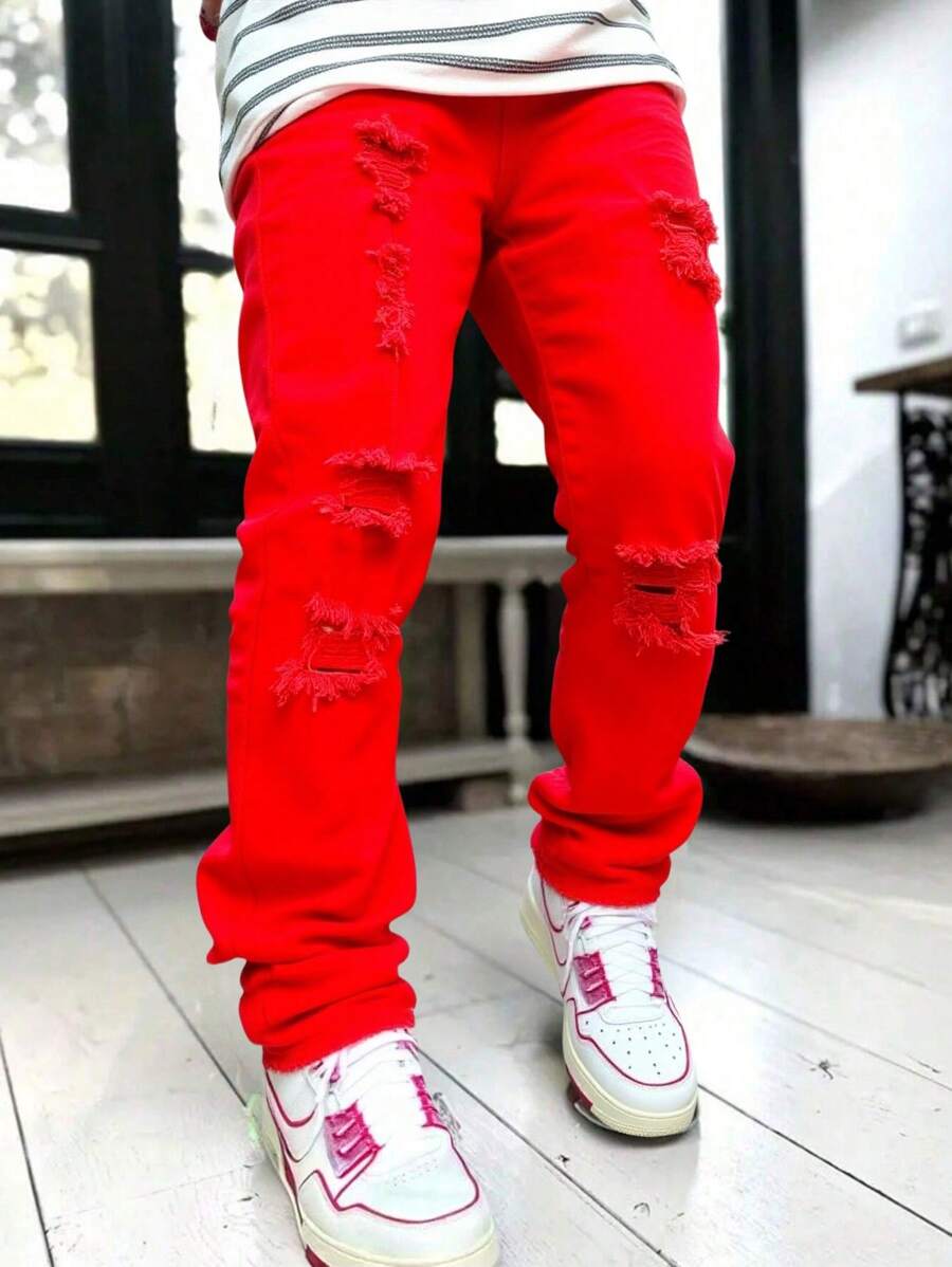 SHEIN Tween Boy Fashion Casual Red Denim Cut Out Ripped Frayed Design Snug Stretch Boot-Cut Jeans For Boys Soft Dailywear And The Four Seasonsr Kids Clothes - Red - View 1