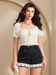 Chiquease Women Slim Fit French Puff Sleeve Square Neck Blouse - White - View 4