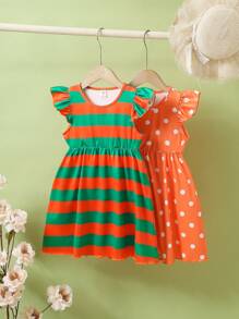 SHEIN Young Girl Orange Polka Dot And Orange-Green Striped Cap Sleeve Dress - Orange - View 1