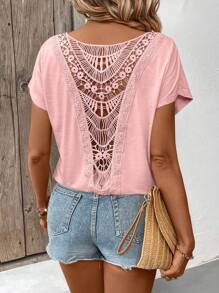 Breezaya Vacation Casual Solid Color Lace Patchwork Batwing Sleeve T-Shirt - Pink - View 1