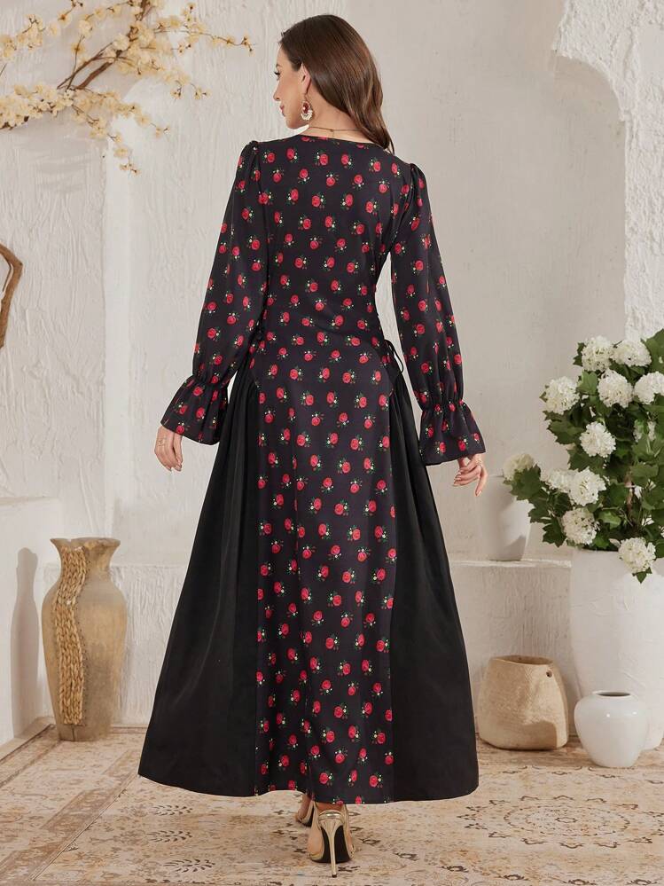 Al Najma فستان طويل للنساء بفتحة رقبة مربعة وبطبعات زهرية وحزام جانبي خصر شكل (A) محتشم وأنيق - الأسود - مشاهدة 2