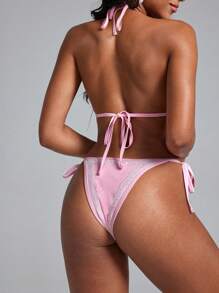 Swim EVENT Conjunto de bikini con detalle de encaje, amarre en el cuello y lazos laterales para mujer, traje de baño simple y de moda casual para uso diario, perfecto para verano y vacaciones en la playa