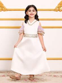 SHEIN 2 Pieces Set: White Short Sleeve Open Shoulder Dress For Young Girls - Multicolor - View 7