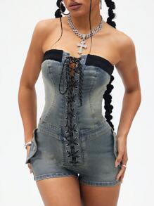 SHEIN ICON Mono vaquero con cordones de estilo callejero retro para mujer - Azul lavado medio - Ver 5