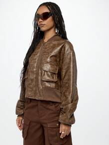 SUMWON WOMEN 优质做旧皮革飞行员夹克，配有实用口袋、经典罗纹饰边和全拉链街头风格外套，适合秋冬时尚 - 棕色 - 查看 8