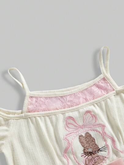Kawaii Tee-shirt épaules dénudées orné d'un nœud brodé avec une dentelle, top sans manches en deux parties simulés pour l'été, la plage, la remise des diplômes, Pâques, les concerts, les vacances à Nashville, décontracté