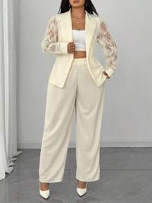 SHEIN Unity Plus Size Fashion Business Mesh Splice Jacket And Pants Suit Graduation,Back To School,Teacher Outfits For Women - Apricot - View 6