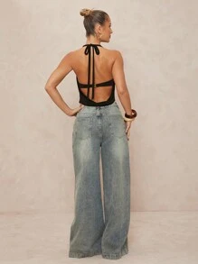 Lumalex 春季郊游夏季泳装泳衣泳装度假复活节波西米亚风海滩热门户外丰富层次婚礼季宴会成人礼海滩海边女士吊带扭结花卉装饰无袖紧身上衣，毕业典礼，教师节，返校季可重复穿着甜心性感上衣性感迷人优雅别致意想不到的礼物她一定会喜欢 - 黑色 - 查看 3