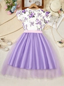 Teen Girl Floral Print Ruffle Hem Mesh Splice Dress - Purple - View 2
