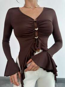 SHEIN Privé Women's Elegant Vintage Butterfly Ruffle Trim Long Sleeve Top Tee - Mocha Brown - View 3