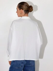 Aveloria Affinna Women's White All-Match Versatile Casual Loose Fit Lapel Collar Deep V-Neck Oversized Pocket Design Long Sleeve Blouse, European And American Minimalist Style