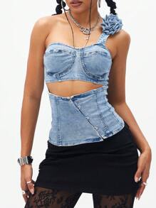 Jeanoix 女士牛仔系带镂空 3D 花卉装饰单肩衬衫